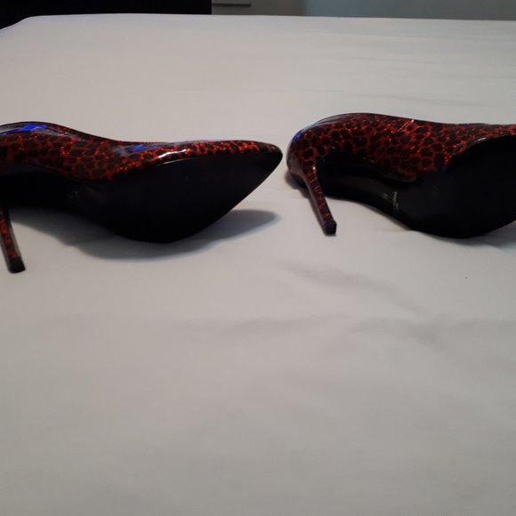 Highest Heel Collection Sparkly Red with Black Leopard Print Pumps size US 14 - Picture 5 of 6